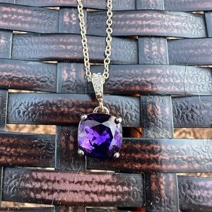 Purple Gemstone Cushion-Cut Pendant Necklace with Silver Chain